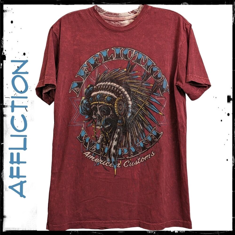 Reversible AFFLICTION Warpath American Customs Warlord Native T-Shirt Red Men S